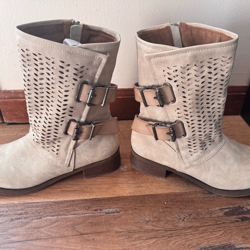 Blowfish Beige Moto Boots with Buckle Accents
